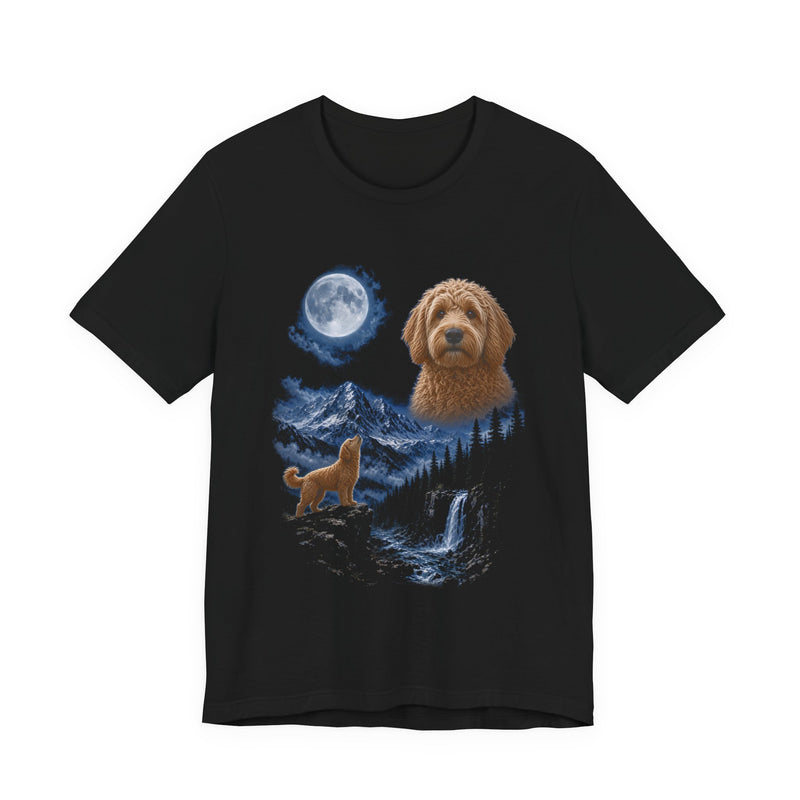 Black t-shirt with a photoreal goldendoodle under a full moon and a second goldendoodle howling on a cliff over mountains and a waterfall, front view