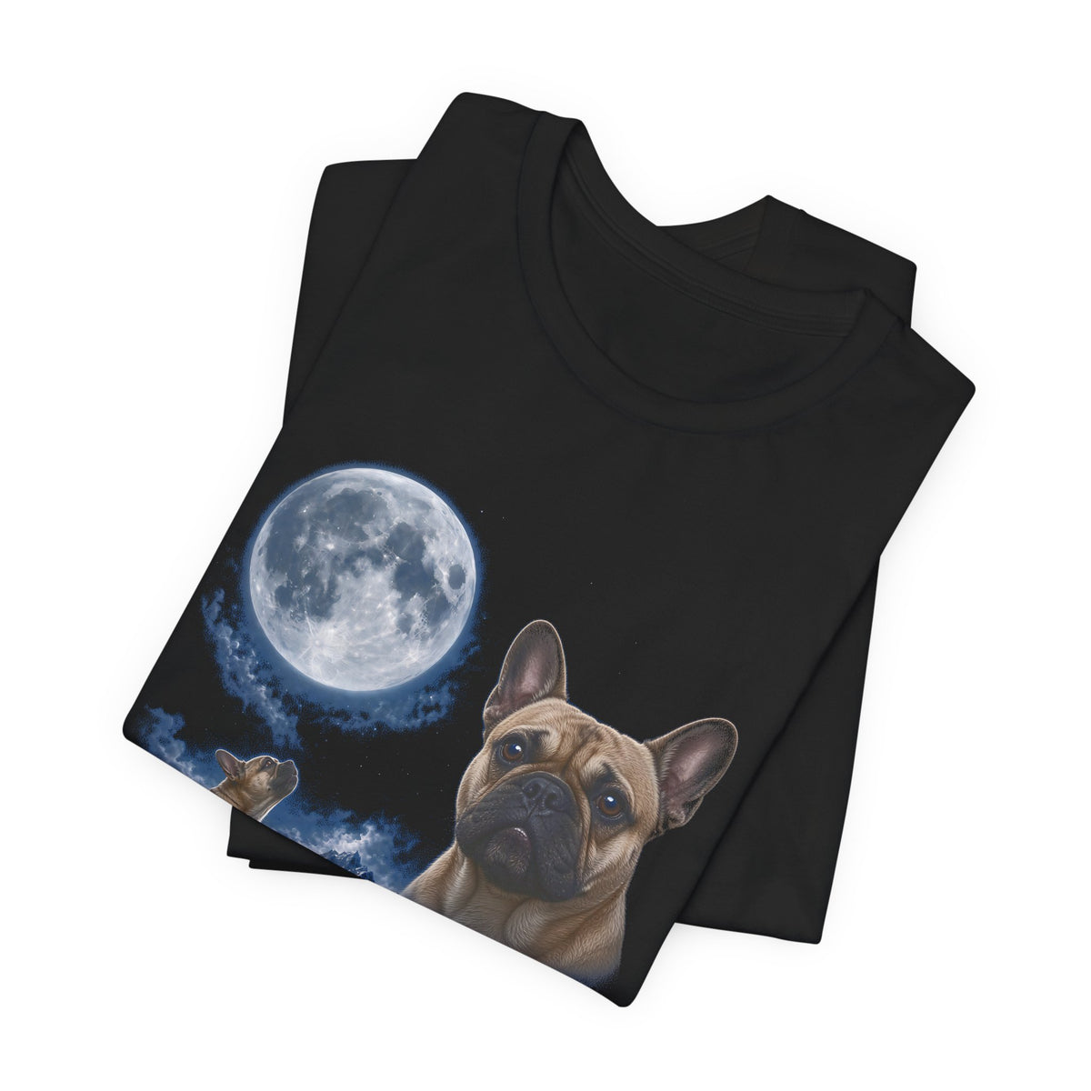 Black t-shirt with a photoreal French bulldog under a full moon and a second French bulldog howling on a cliff over mountains and a waterfall, folded
