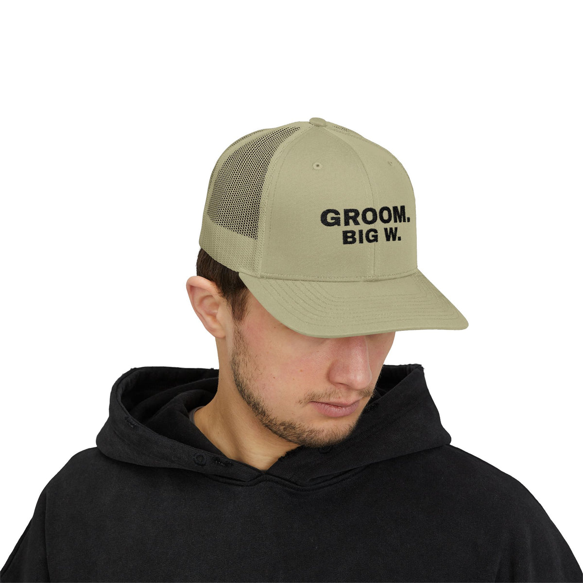 Groom Big W bachelor party trucker hat with "Groom Big W" graphic, product photo 11