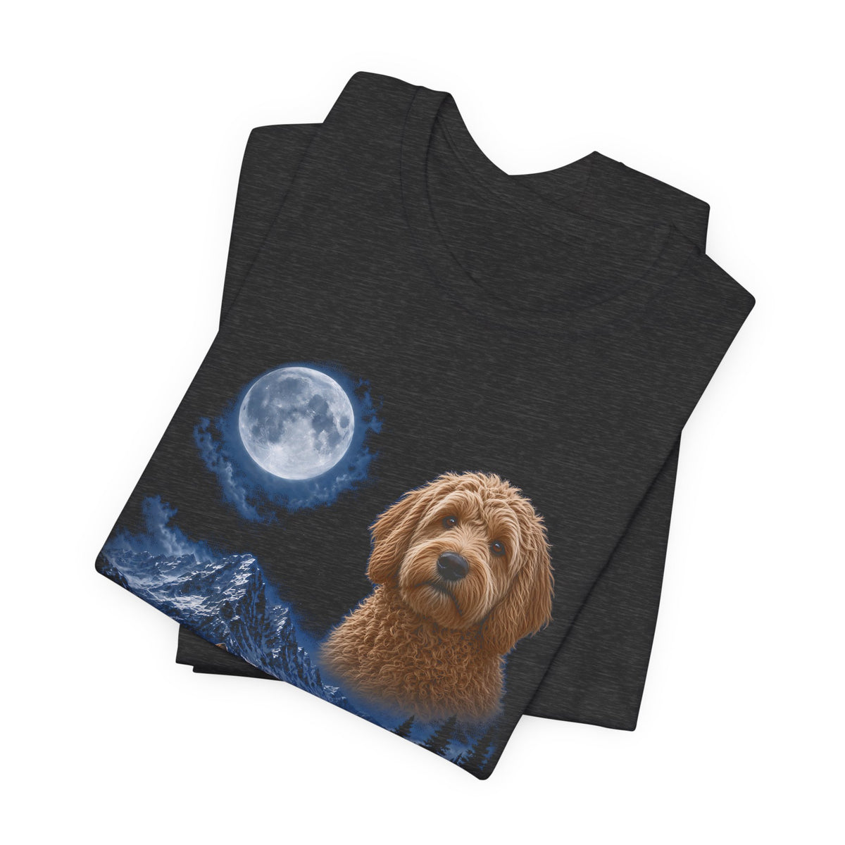 Dark Grey Heather t-shirt with a photoreal goldendoodle under a full moon and a second goldendoodle howling on a cliff over mountains and a waterfall, folded