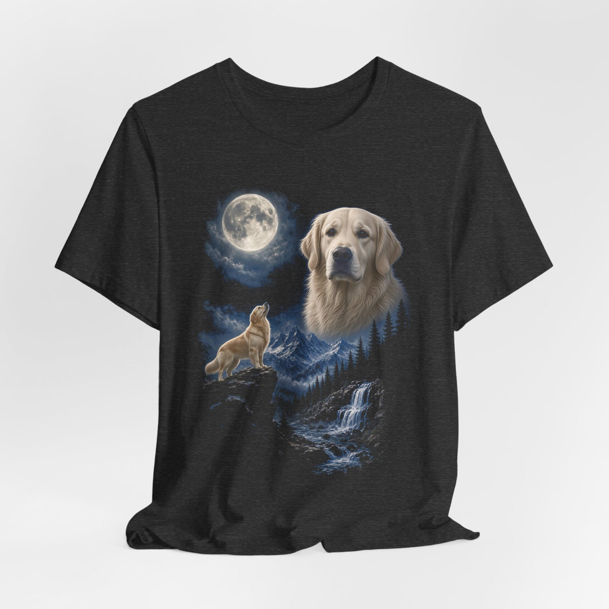 Dark Grey Heather t-shirt with a photoreal English cream golden retriever under a full moon and a second English cream golden retriever howling on a cliff over mountains and a waterfall, flat lay