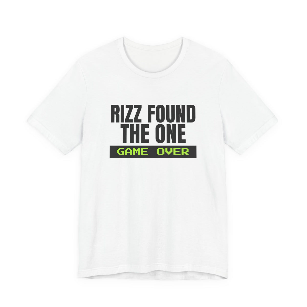 Rizz Found The One Game Over bachelor party t-shirt in White with "Rizz Found The One Game Over" graphic, front view