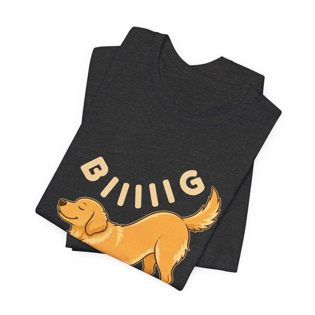 Dark Grey Heather t-shirt with the "Big Stretch Golden Retriever" design, folded