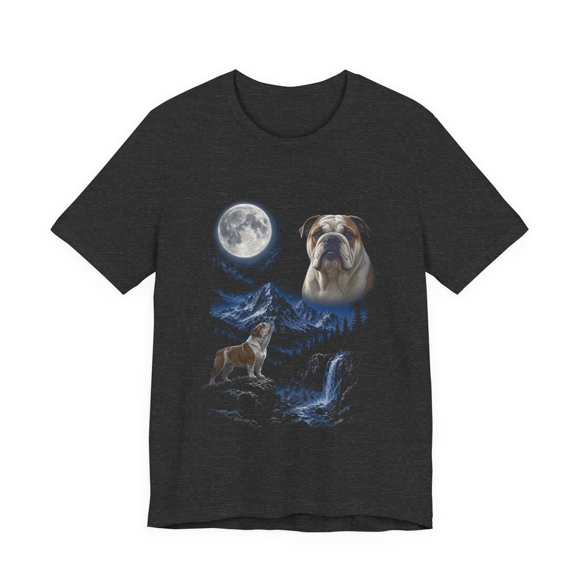 Dark Grey Heather t-shirt with a photoreal bulldog under a full moon and a second bulldog howling on a cliff over mountains and a waterfall, front view