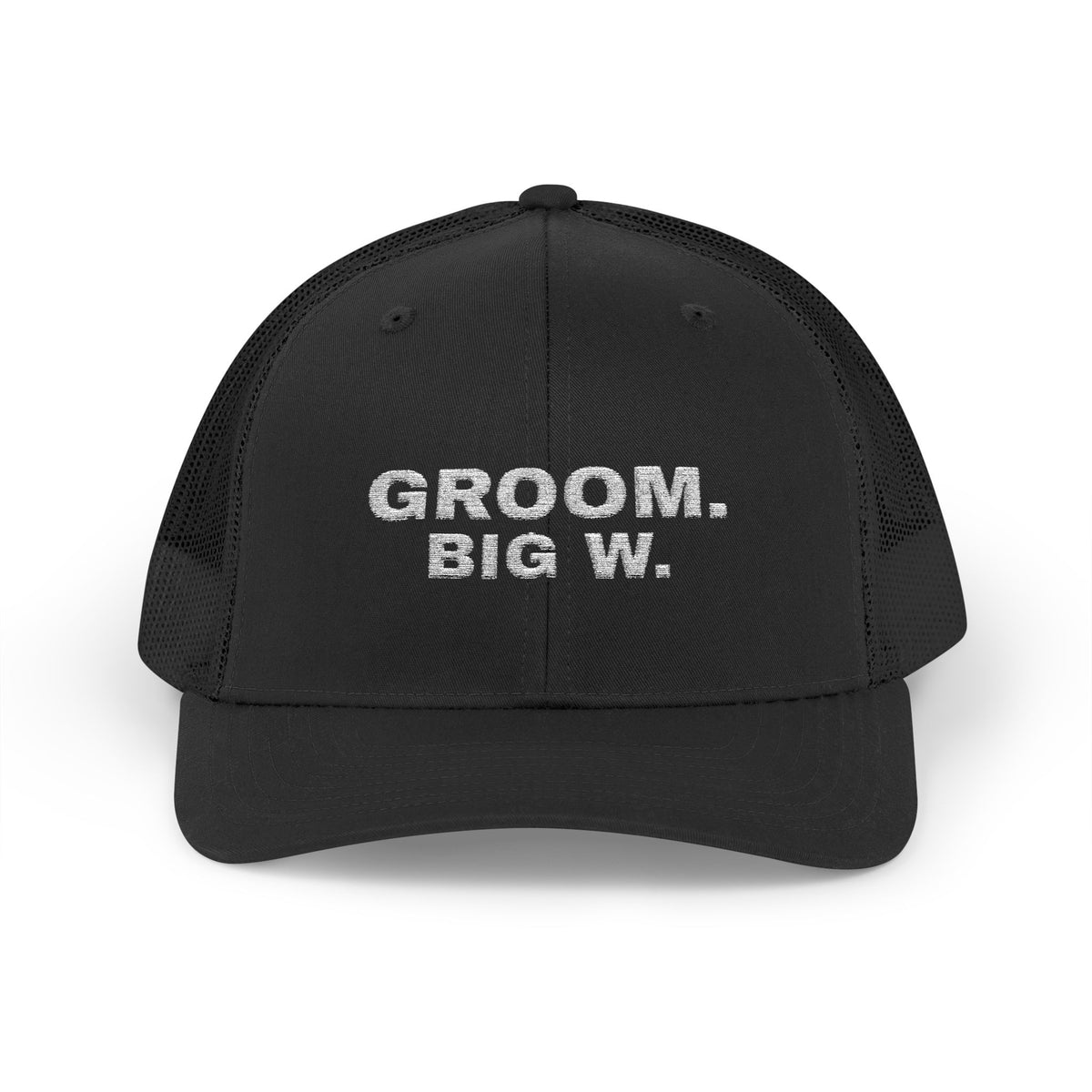 Groom Big W bachelor party trucker hat in Black with "Groom Big W" graphic, product photo 2