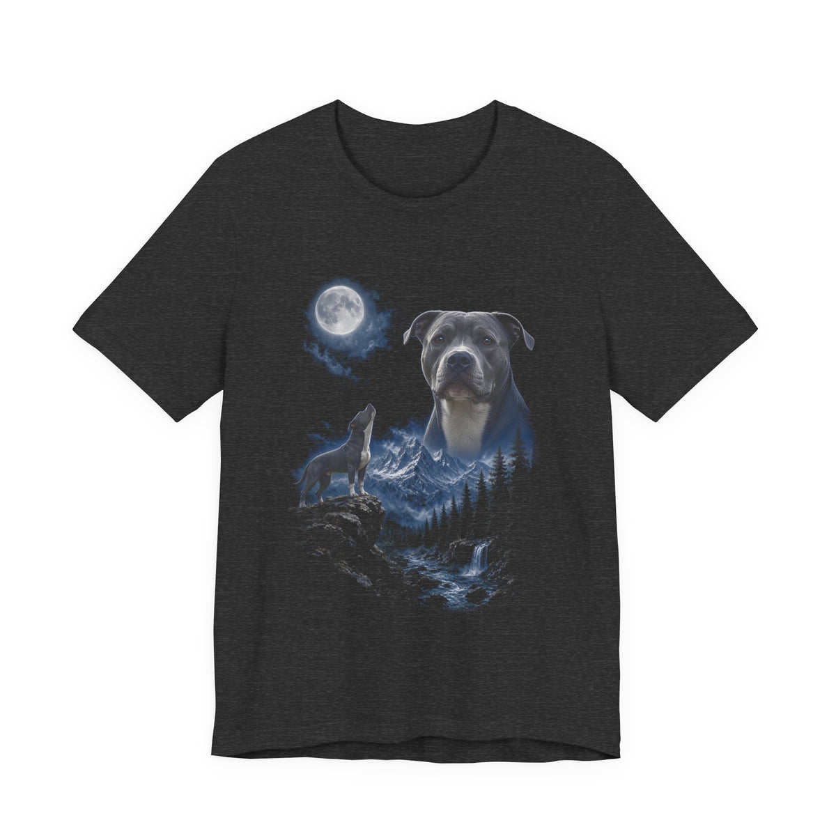 Dark Grey Heather t-shirt with a photoreal pit bull under a full moon and a second pit bull howling on a cliff over mountains and a waterfall, front view