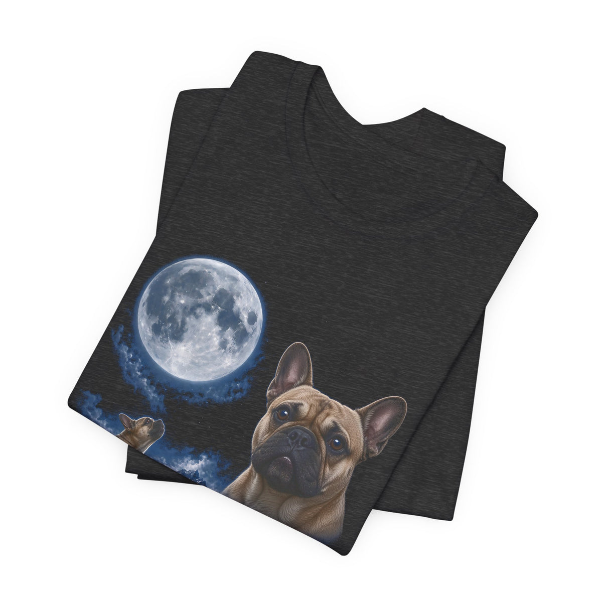 Dark Grey Heather t-shirt with a photoreal French bulldog under a full moon and a second French bulldog howling on a cliff over mountains and a waterfall, folded
