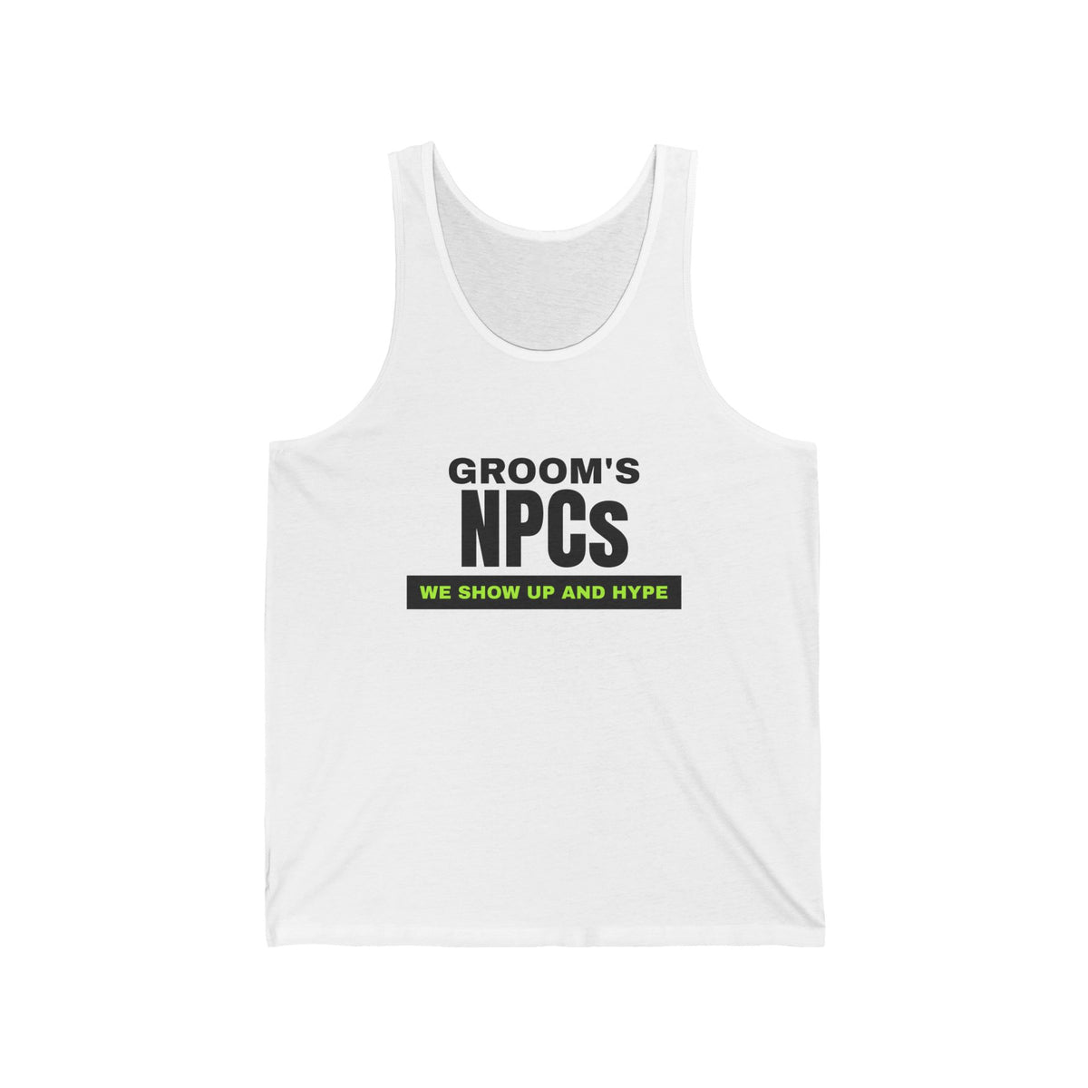 Groom's NPCs bachelor party tank top in White with "Groom's NPCs" graphic, front view