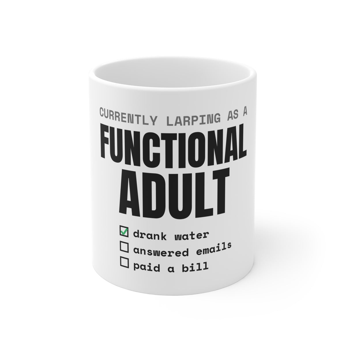 Larping As A Functional Adult NPC and larp mug with "Larping As A Functional Adult" graphic, front view
