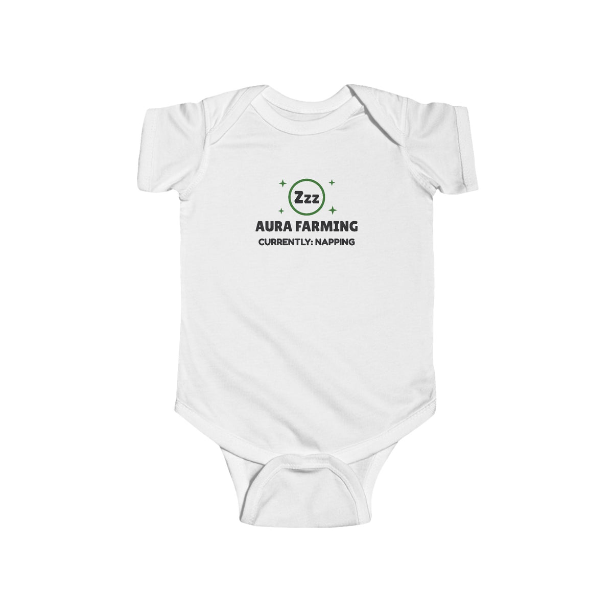Aura Farming Currently Napping Gen Z meme baby onesie in White with "Aura Farming Currently Napping" graphic, front view