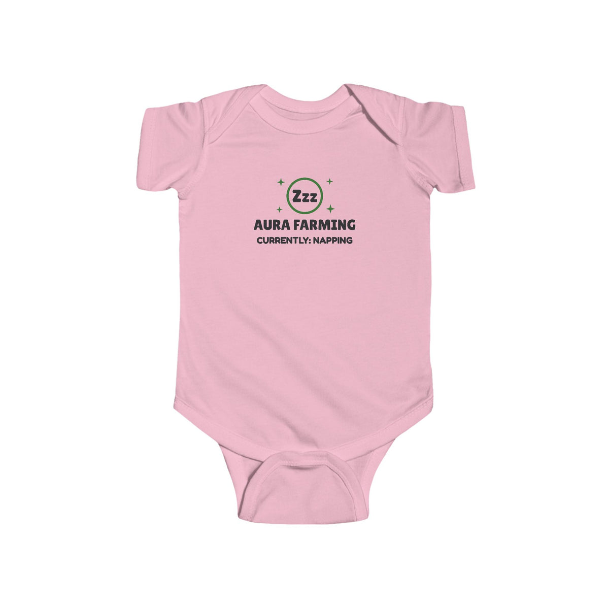 Aura Farming Currently Napping Gen Z meme baby onesie in Pink with "Aura Farming Currently Napping" graphic, product photo 4