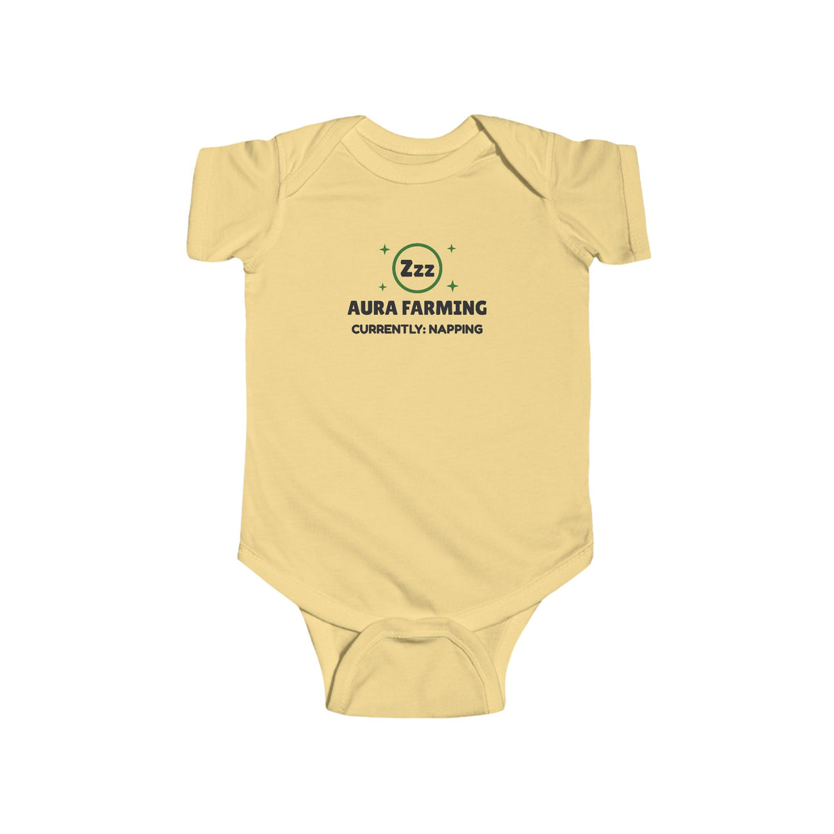 Aura Farming Currently Napping Gen Z meme baby onesie in Butter with "Aura Farming Currently Napping" graphic, product photo 2