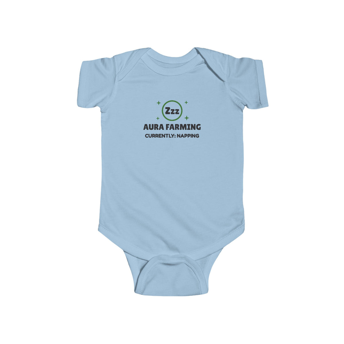 Aura Farming Currently Napping Gen Z meme baby onesie in Light Blue with "Aura Farming Currently Napping" graphic, product photo 3