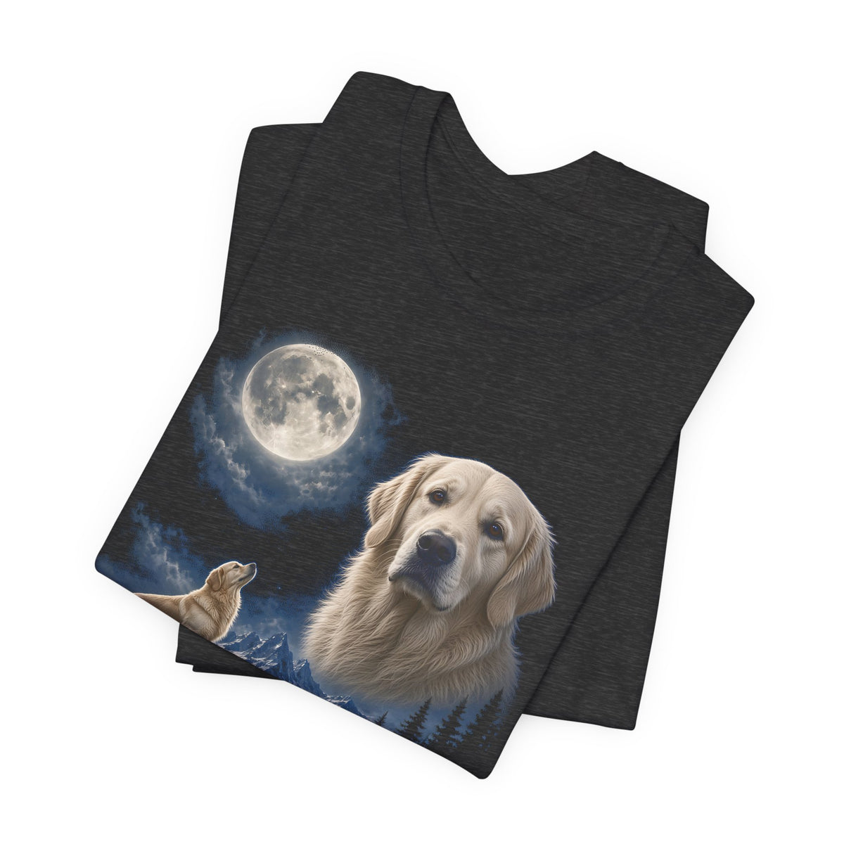 Dark Grey Heather t-shirt with a photoreal English cream golden retriever under a full moon and a second English cream golden retriever howling on a cliff over mountains and a waterfall, folded